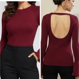 Maeve Anthropologie Bell Sleeve Open Back Top Burgundy Size XS
